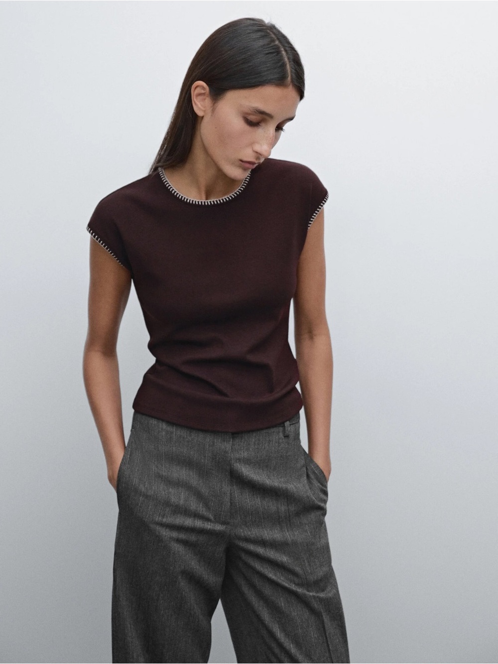 Massimo Dutti Chocolate Brown Whipstitch Trimmed Soft T-shirt. XL NWT